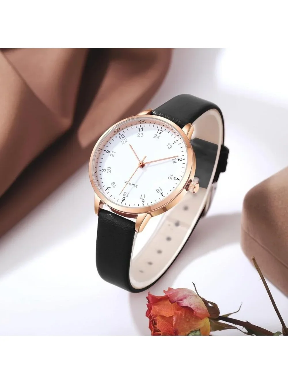 Women's Black And White Analog Case Quartz Leather Mesh Strap Round Wrist Watch